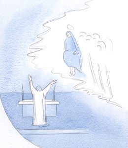 Med hvilken glæde priser Kristus (ved alteret) sin mor, i beundring af hendes person og hele hendes livsværk., 2001 (w/c på papir) af Elizabeth Wang
