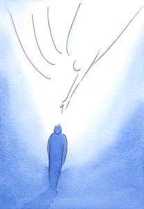 I Vor Frues kappe bliver den glade sjæl næret af Kristus, oplyst af hans Ånd og opfordret til at se opad mod Faderen, 2002 (w/c på papir) af Elizabeth Wang