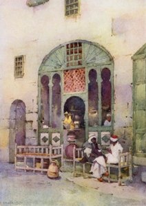 En arabisk cafe, Cairo (farve litho) af Ella Du Cane