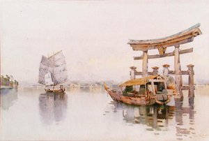 Torii-porten ved indgangen til Itsukushima-helligdommen, Miyajima, Japan (akvarel på papir)