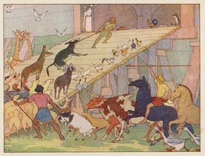 Noahs Ark: På vej om bord (farvelitografi)