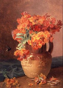 Et stilleben med vægblomster i en stentøjskande