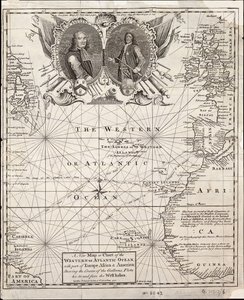 Et nyt kort eller diagram over det vestlige eller atlantiske ocean med en del af Europa, Afrika og Amerika: viser galeonernes kurs til og fra Vestindien