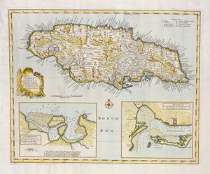 Kort over øen Jamaica, opdelt i dets vigtigste sogne ca. 1760 (håndfarvet gravering)