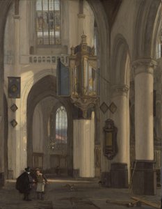Interiør af en protestantisk gotisk kirke med motiver fra Oude og Nieuwe Kerk i Amsterdam af Emanuel de Witte