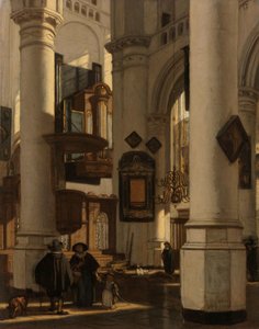 Interiør af en protestantisk, gotisk kirke, med en graver i koret Interiør af en protestantisk gotisk kirke med motiver fra de gamle og nye kirker i Amsterdam