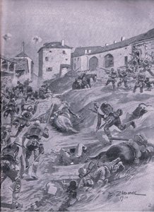 Aschaffenberg 2. bayerske jægerbataljon ved Lagarde august 1914, fra The Illustrated History of the World War 1914-1915 pub. af Union Berlagsefellfchaft af Emil (after) Limmer