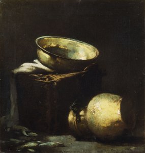 Stilleben med kobbergryder og sorte fisk af Emil Carlsen