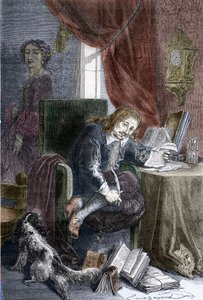 Portræt af den franske forfatter Paul Scarron (1610-1660) forfatter til burleske komedier, han er repræsenteret på en invalid stol, hans kone Francoise d