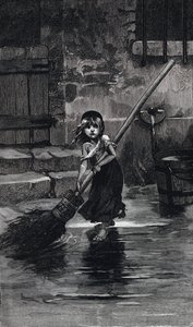 Scene fra Les Miserables, af Victor Hugo: Cosette fejer (gravering)