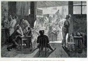 En gruppe kvinder foran en bar, forbudt for kvinder, synger salmer til alkoholikere mod alkoholisme af Emile Antoine Bayard
