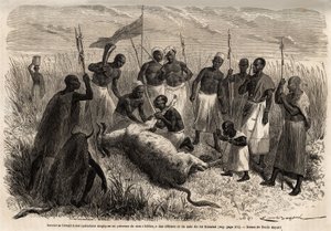 En troldmand deltager i magiske operationer på et slagtet oksekød i Uganda, tegning af Emile Bayard (1837-1891), der illustrerer kaptajn Spekes opdagelsesrejse i Afrika fra 1860 til 1863. Indgravering i "" Le tour du monde"", redigeret af Edouard Charton af Emile Antoine Bayard
