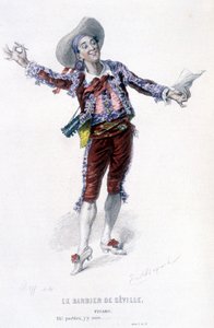 Komplet værk af Beaumarchais (1732-1799) af Edouard Fournier. tegning af Emile Bayard. Ed. Laplace, Sanchez et Cie, Paris 1876. Dette er Figaro i "Barberen fra Sevilla" af Emile Antoine Bayard