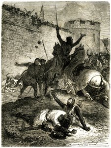 Korstog mod Albigeois - Belejring af Toulouse, 25. juni 1218. Simon de Montforts bror er lige blevet såret af en pil, Simon de Montfort selv bliver dræbt af en kugle af katapultkast, siges det, af en af kvinderne af Toulouse som er af Emile Antoine Bayard