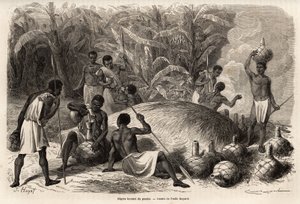 Smagning af pomben (alkoholholdig drik ved gæring), i Karague (vest for Victoria-søen, i det nuværende Zimbabwe), tegning af Emile Bayard (1837-1891), der illustrerer kaptajn Spekes opdagelsesrejse i Afrika fra 1860 til 1863. Indgravering af Emile Antoine Bayard