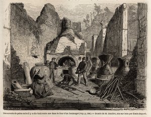 Opdaget af en bagerovn og konserveret brød i aske under udgravningerne i 1864 i Pompei, tegning af Emile Bayard (1837-1891), for at illustrere Marc Monniers tekst (1829-1885) "" Pompei og Pompeierne"". Indgravering i "" Le tour du monde"", redigeret af af Emile Antoine Bayard