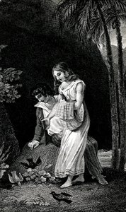 Gravering, der illustrerer en udgave fra det sene 19. århundrede af romanen af Jacques-Henri Bernardin de Saint Pierre (Jacques Henri Bernardin de Saint-Pierre): Paul et Virginie. Fugle kommer til land uden frygt nær det unge kærestepar i skoven. Tegning b af Emile Antoine Bayard