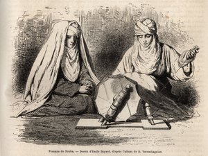 Femmes de Boukhara (Usbekistan), der arbejder på deres arbejde med at spunde, gravering efter en tegning af Emile Bayard, for at illustrere Basile Vereschaguines rejse ind i Centralasien i 1867-1868, udgivet i "" Le tour du monde"" 1873, redigeret af Edoua af Emile Antoine Bayard