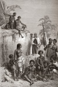 Den hawaiianske kong Kamehameha I og hans krigere, illustration fra "The World in the Hands", udgivet i 1878 (stik) af Emile Antoine Bayard