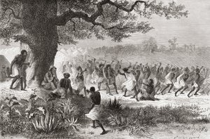 Henry Morton Stanley ser Vouagogos-stammen forberede sig til kamp under sin ekspedition i 1871, illustration fra 