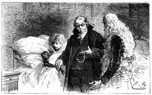 Illustration af Emile Bayard til Hector Malots roman "" Sans Famille "": Joli-Coeur (skønt hjerte), den syge videnskabsmandsabe bliver undersøgt af en læge (auskult af en læge, der tager kyllingen fra ham) i nærværelse af Remi og Monsieur Vitalis - Hetze af Emile Antoine Bayard