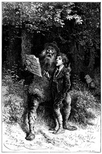 Illustration af Emile Bayard til romanen af Hector Malot "" Sans Famille ": Remi synger med Monsieur Vitalis, rejsende kunstner - gademusiker, saltimbank - Edition Hetzel 1880 - af Emile Antoine Bayard