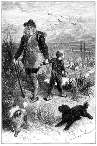 Illustration af Emile Bayard til Hector Malots roman "Uden familie": Remi tager af sted med Monsieur Vitalis, den rejsende kunstner og hans lærde dyr, de tre hunde Capi, Zerbino og Dolce - Edition Hetzel 1880 - af Emile Antoine Bayard