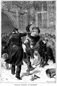 Illustration af Emile Bayard til Hector Malots roman "" Sans Famille ": i Toulouse bliver Monsieur Vitalis, uværdig, arresteret af en politibetjent foran Remi og hans venner, truppens lærde dyr: Joli-Coeur (skønt hjerte). ), aben en af Emile Antoine Bayard