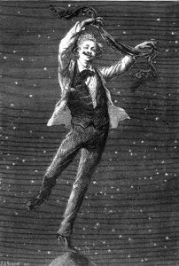 Illustration af Jules Vernes roman "Around the Moon", tegning af Emile Bayard, Hetzel edition/Voyages extraordinaire 1870. Denne illustration fremhæver inspirationsforholdet mellem de to romaner "lunar"" af Jules Verne og de to albums af T. af Emile Antoine Bayard
