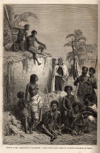 Kamehameha I (ca. 1758-1819), konge af Hawaiiøerne og grundlægger af deres enhed, omgivet af Hawaiikrigere og nogle undersåtter i Honolulu, stik efter tegning af Emile Bayard, der illustrerer rejsen til Sandwichøerne i 1855-69, af C af Emile Antoine Bayard