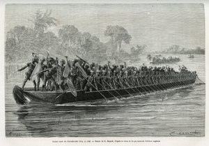 Stor kano af Arouhouimi, lastet med 40 stående padlere og tyve krigere i våben, på Livingstone-floden (Congo), tegnet af Emile Bayard, for at illustrere historien "Gennem det mystiske kontinent", rejse foretaget mellem 1874-1877, af Sir H.M. af Emile Antoine Bayard