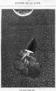 På vej til månen, illustration fra "Rundt om månen" af Jules Verne (1828-1905) Paris, Hetzel, graveret af Henri Theophile Hildibrand (1824-97) af Emile Antoine Bayard