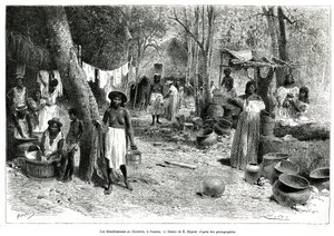 Les blanchisseuses au Chorillo, Panama, gravering efter en tegning af E.Bayard, for at illustrere historien Exploration at the isthms of Panama and Darien, af A. Reclus, skibsløjtnant, fra 1876 til 1878, offentliggjort i tour du monde, under ledelse af Emile Antoine Bayard