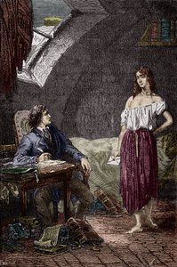 Marius og Eponine, Thenardiers ældre datter og forelsket i Marius Illustration af romanen "Les Miserables" af Victor Hugo (1802-1885) Illustration af Emile Bayard - (Eponine Thenardier (Jondrette pige) og Marius) Gravering Privat samling