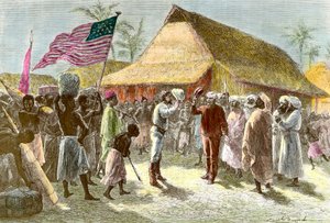 Mødes i Ujiji ved Tanganyika-søens bredder mellem Henry Morton, en eksploderende og journalist fra Wales (1841-1904) og David Livingstone, en skotsk missionær opdagelsesrejsende på det afrikanske kontinent (1813-1873), den 10. november af Emile Antoine Bayard