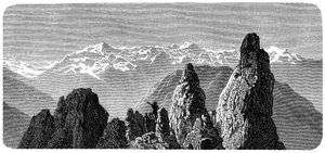 Bjergtopmøde kaldet Pierre a Voir nær de saksiske bade i Valais, schweiziske alper. Illustration af Emile Bayard til Albert Dupaignes bog "Les Montagnes", udgave Mame 1881. af Emile Antoine Bayard