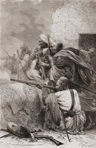 Nordafghanske oprørere kæmper mod briterne i bjergene i Hazara, Pakistan, under britisk styre, 1878 af Emile Antoine Bayard