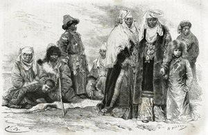 Fattige og rige kirgisiske kvinder. Gravering af Emile Bayard, for at illustrere rejseindtryk fra Orenburg til Samarkand, af Marie de Ujfalvy-Bourdon, mellem 1876 og 1878, i Tour du monde, instrueret af Edouard Charton af Emile Antoine Bayard