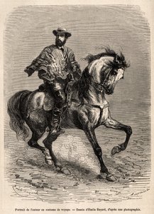 Portræt af forfatteren, på sit bjerg, iført sit rejsekostume, graveret efter en tegning af Emile Bayard, der illustrerer historien om ørkenen Acatama og Caracoles (Sydamerika), af ingeniør A.Bresson, i 1870-1874, udgivet i " ” Le tour du monde af Emile Antoine Bayard