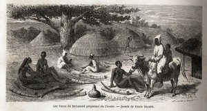 Forberedelse af elfenben til en tyrkisk handelsmand, Uganda, tegning af Emile Bayard (1837-1891), der illustrerer kaptajn Spekes opdagelsesrejse i Afrika fra 1860 til 1863. Indgravering i "" Le tour du monde"", redigeret af Edouard Charton af Emile Antoine Bayard