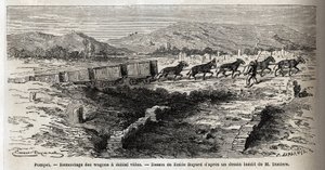 Gensamling af tomme vogne under udgravningerne i 1864 i Pompei, tegning af Emile Bayard (1837-1891), for at illustrere Marc Monniers tekst (1829-1885) "" Pompei og Pompeierne"". Indgravering i "" Le tour du monde"", redigeret af Edouard Charton af Emile Antoine Bayard
