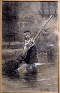 Cosette, der fejer barfodet. Illustration til "The Miserables" af Victor Hugo (1802-1885) af Emile Bayard (1837-1891) 19. århundrede. Paris, Maison Victor Hugo