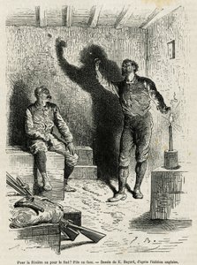 Sir Henri Morton Stanley (1841-1904) og Franck Pock, hans udforskningskammerat, besluttede en bunke eller ansigt af rejseplanen for deres rejse, tegnet af Emile Bayard, for at illustrere historien "Gennem det mystiske kontinent"" (Ækvatorial Afrika), en re af Emile Antoine Bayard