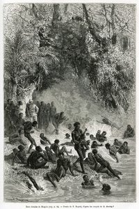 Sir Henri Morton Stanley (1841-1904) midt blandt badegæsterne i Karagoue-regionen (Cameroun), der kaster sig ud i det varme og medicinske vandbassin i Mtagata-kløften, tegnet af Emile Bayard, for at illustrere historien "Gennem det mystiske Kontinentet", e af Emile Antoine Bayard