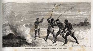 Sorghum trommeslagere, i ounyamoezi (De Store Søers region, Afrika), tegning af Emile Bayard (1837-1891), der illustrerer kaptajn Spekes opdagelsesrejse i Afrika fra 1860 til 1863. Indgravering i "" Le tour du monde"", redigeret af Edouard Charton af Emile Antoine Bayard