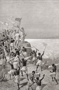 Stanley og hans ekspeditions første observation af Tanganyika, Østafrika, i 1872, illustration fra 