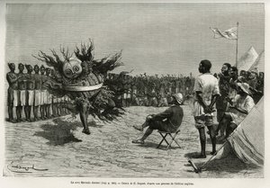 Sova Mavanda (konge), omgivet af sine mænd, der psalmererer en monoton sang, dansende foran majoren. Gravering af Emile Bayard, for at illustrere historien om, hvordan jeg har krydset Afrika, fra Atlanterhavet til Det Indiske Ocean, af major Serpa Pinto, af Emile Antoine Bayard