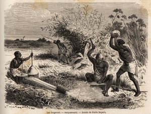Smedene i ounyamoezi (De Store Søers region, Afrika), tegning af Emile Bayard (1837-1891), der illustrerer kaptajn Spekes opdagelsesrejse i Afrika fra 1860 til 1863. Indgravering i "" Le tour du monde"", redigeret af Edouard Charton af Emile Antoine Bayard