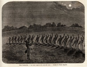 Trommerceremonien for nymånens opgang, i spidsen for stammen Rumanika, i Karague (vest for Victoria-søen, i det nuværende Zimbabwe), tegning af Emile Bayard (1837-1891), der illustrerer kaptajn Spekes rejse opdagelse i Afrika fra 186 af Emile Antoine Bayard