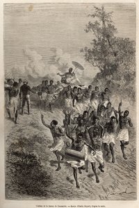 Cassembes hustrus kort går forbi Livingstone, som hilser hende, indgraveret efter en tegning af Emile Bayard, der illustrerer David Livingstones sidste dagbog (1813-1873), i 1866-1873, udgivet i "" Le tour du monde"" 1875, redigeret af Edouard Charton, af Emile Antoine Bayard
